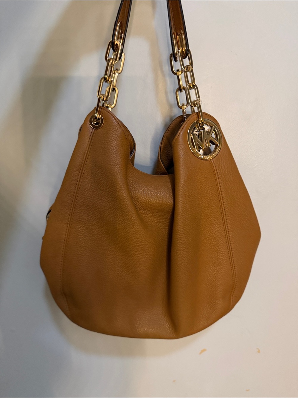 Michael Kors Cognac Pebbled Leather Shoulder Hobo with Gold Hardware